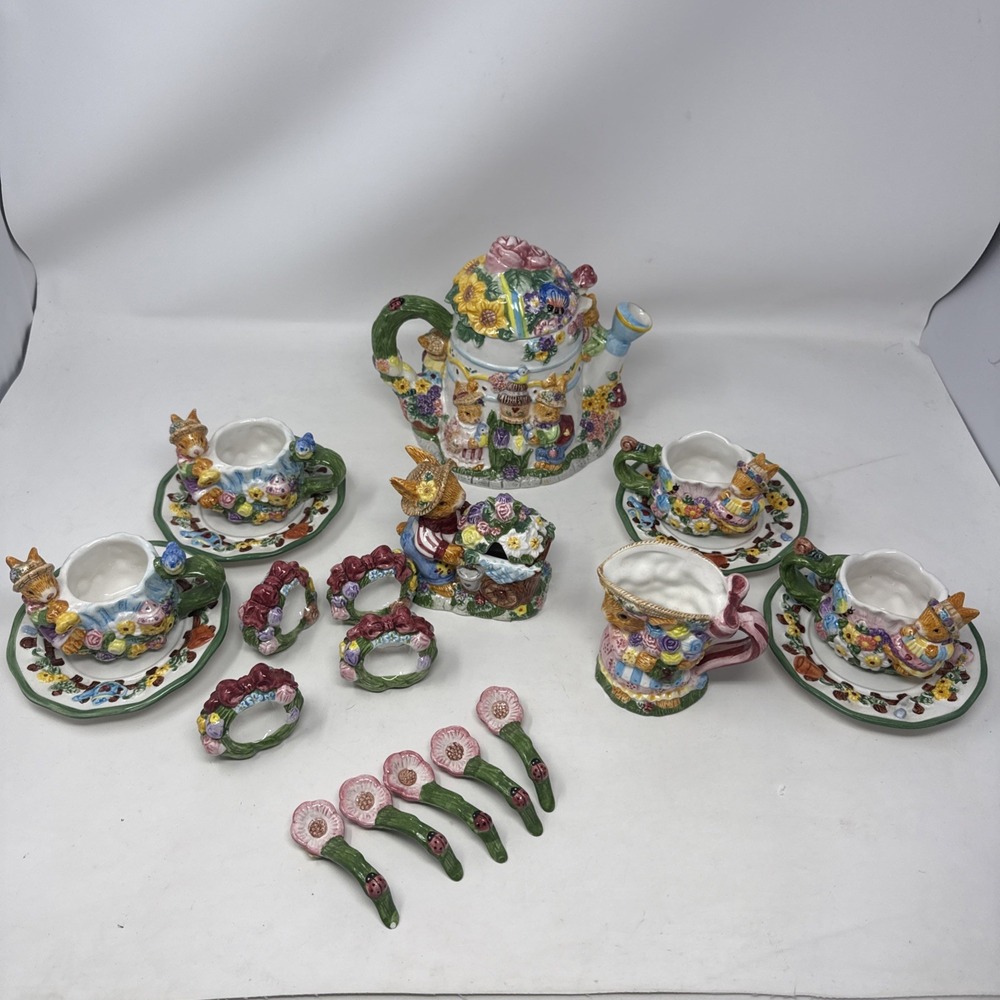 Vintage 1999 Mercuries Springtime Ceramic Tea Set Bunny Rabbit Easter Decorative